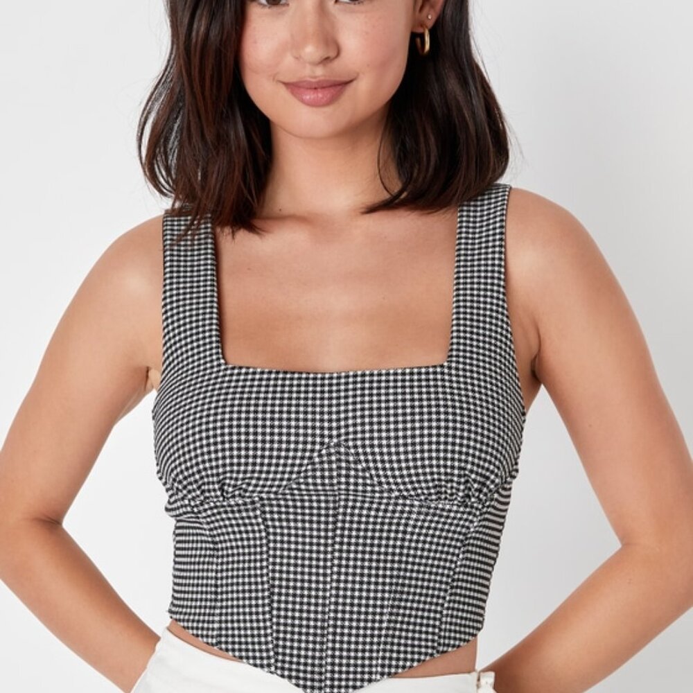 Lulus Sultry Refinement Black And White Gingham Bustier Crop Top - Size XS